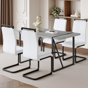 English Elm Table And Chair Set - Modern Grey Marble Mdf Dining Table With Metal Frame & 4 White Pu Chairs W1151S02685-GIGA