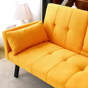English Elm 70-inch Foldable Cotton Linen Sofa Bed with Cup Holder & Side Storage, Space-Saving 2-Seater Design Yellow W3371P337202