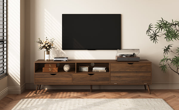English Elm Mid Century TV Stand Natural Wood Grain with Drop-Down Door, 2 Drawers & 4 Cabinets, Cable-Managed Storage (Fits TVs up to 80") N710P295758P