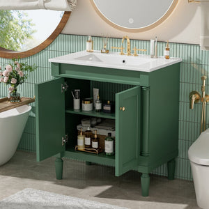 English Elm 30" French Style Bathroom Vanity with Ceramic Basin Soft Close Doors Wood Legs Green N710P415327F