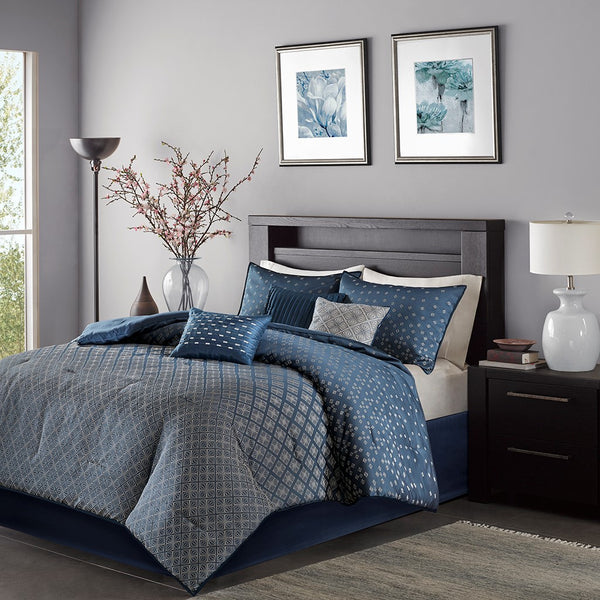 English Elm 7 Piece Biloxi Jacquard Comforter Set Navy Cal King — Ombre Sequin-Weave, Embroidered Decorative Pillows, Bedskirt B03596960