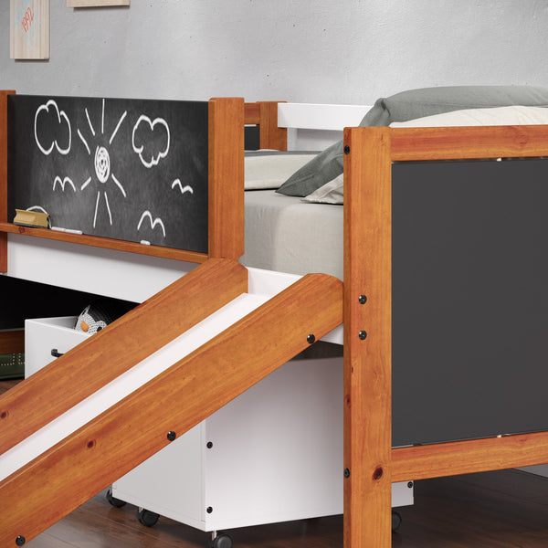 English Elm Aurea Cherry Oak & White Twin Loft Bed with Slide, Built-In Chalkboards, Storage Toy Boxes, Ladder B2726S00077