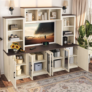 English Elm Wall Unit Entertainment Center with Built in Charging Mdf Media Console Open Shelving Beige W1580S00436