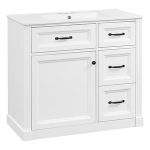 English Elm 36 Inch Bathroom Vanity With Sink – Modern Design, Soft-Close Drawers & Adjustable Storage Shelf, White Finish N725P336549K