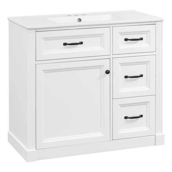 English Elm 36 Inch Bathroom Vanity With Sink – Modern Design, Soft-Close Drawers & Adjustable Storage Shelf, White Finish N725P336549K