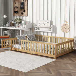 English Elm Full Size Rubber Wood Floor Bed with Surrounding Fence Door and Safety Guardrails W504P370522