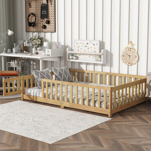English Elm Full Size Rubber Wood Floor Bed with Surrounding Fence Door and Safety Guardrails W504P370522