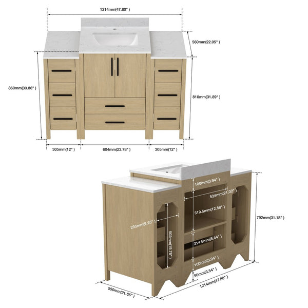 English Elm 108"w×22"d×34"h Freestanding Double Sink Vanity with White Countertop Soft Close T3785S00003