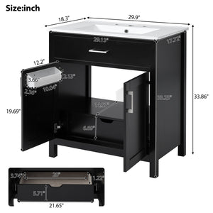 English Elm 30-Inch Contemporary Bathroom Vanity With Ceramic Sink & Smart Storage For Small Spaces WF530809AAB
