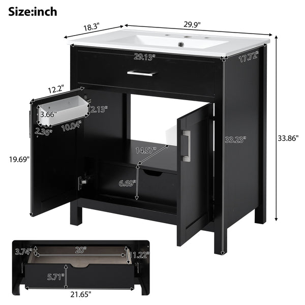 English Elm 30-Inch Contemporary Bathroom Vanity With Ceramic Sink & Smart Storage For Small Spaces WF530809AAB