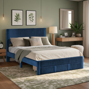 Sloan Pleated Velvet Platform Storage Bed Modern Upholstered Bedroom Frame