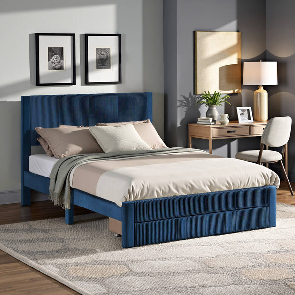Sloan Pleated Velvet Platform Storage Bed Modern Upholstered Bedroom Frame