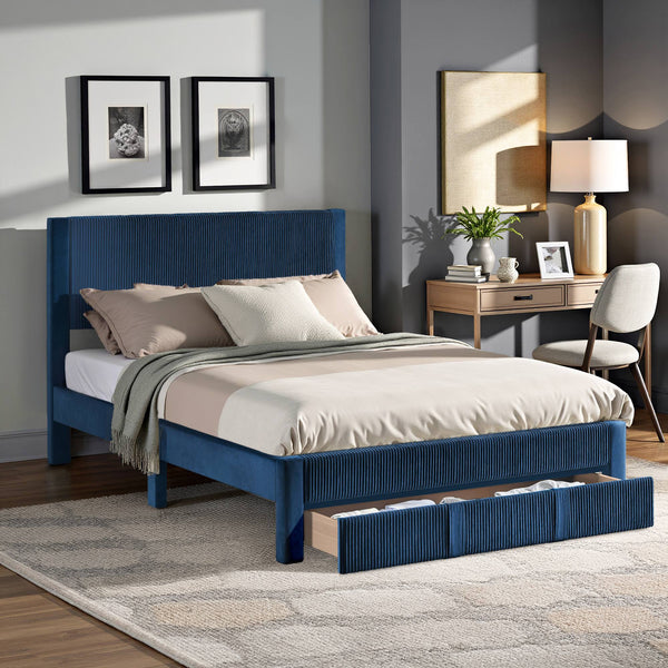 Sloan Pleated Velvet Platform Storage Bed Modern Upholstered Bedroom Frame