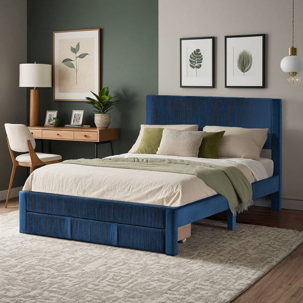 Sloan Pleated Velvet Platform Storage Bed Modern Upholstered Bedroom Frame