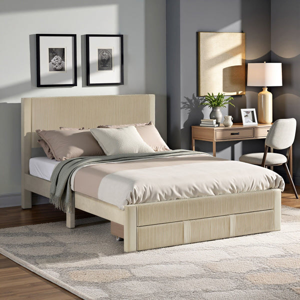 Sloan Pleated Velvet Platform Storage Bed Modern Upholstered Bedroom Frame
