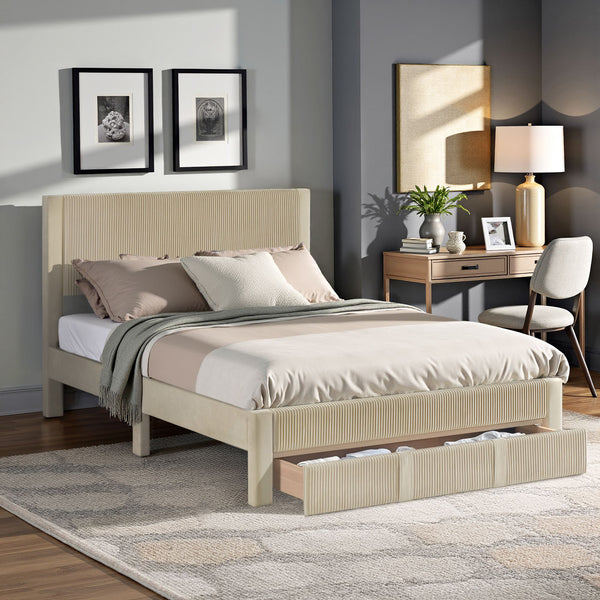 Sloan Pleated Velvet Platform Storage Bed Modern Upholstered Bedroom Frame