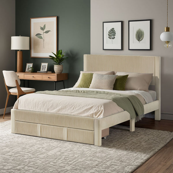 Sloan Pleated Velvet Platform Storage Bed Modern Upholstered Bedroom Frame