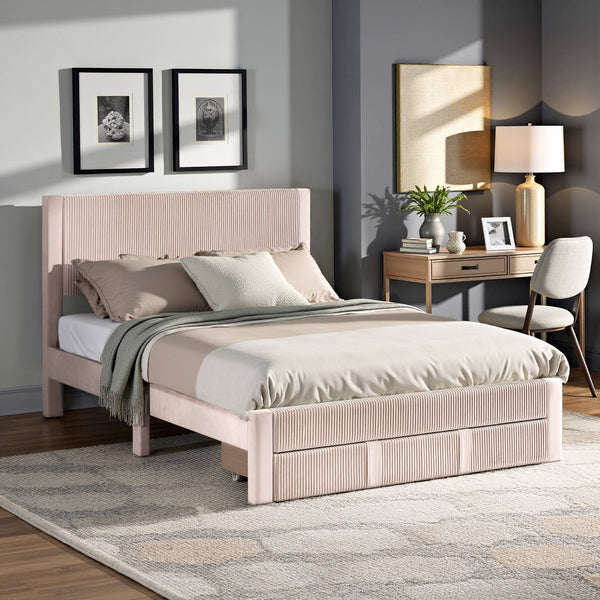 Sloan Pleated Velvet Platform Storage Bed Modern Upholstered Bedroom Frame