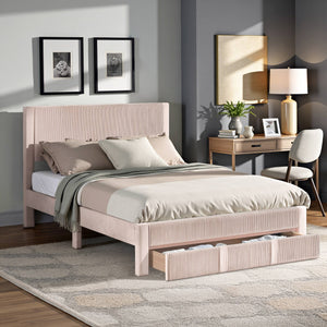 Sloan Pleated Velvet Platform Storage Bed Modern Upholstered Bedroom Frame