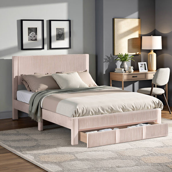 Sloan Pleated Velvet Platform Storage Bed Modern Upholstered Bedroom Frame