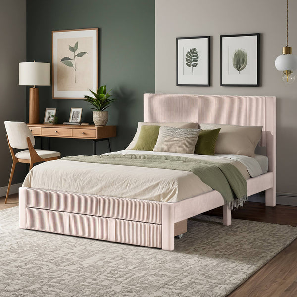 Sloan Pleated Velvet Platform Storage Bed Modern Upholstered Bedroom Frame