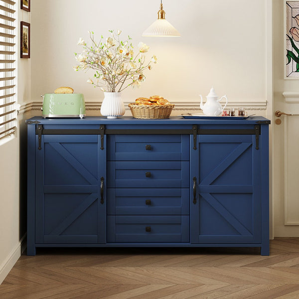 English Elm U-style Farmhouse Sideboard Barn Door Buffet with Drawers Built-in Outlet Dining Navy Blue N711P347377V