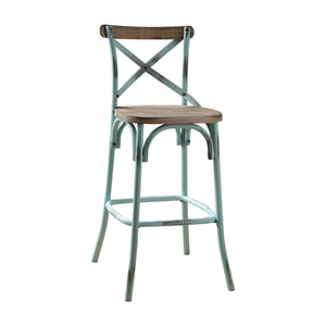 English Elm Antique Metal Frame Bar Chair with Wooden Seat and X Backrest, Vintage Dining Stool with Footrest Sky Blue 20.5 L x 44.5 W x 6.5 H B2741P325720