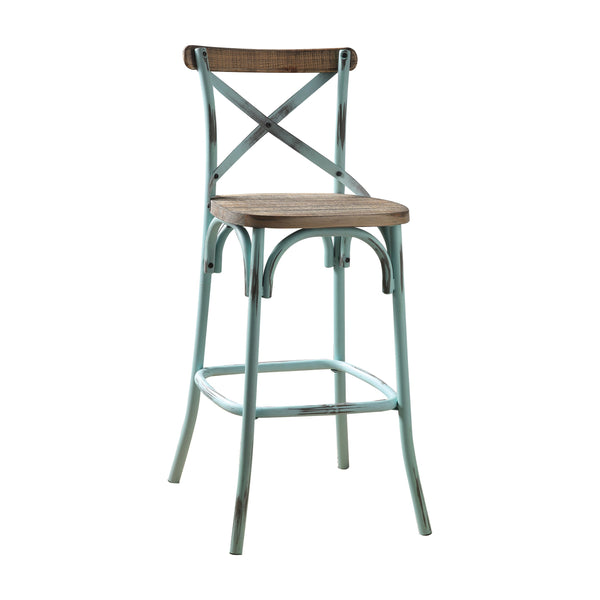 English Elm Antique Metal Frame Bar Chair with Wooden Seat and X Backrest, Vintage Dining Stool with Footrest Sky Blue 20.5 L x 44.5 W x 6.5 H B2741P325720