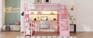 English Elm Full Size Steel Loft Bed with Staircase Storage Wardrobe Desk and Led Lighting Pink W2593S00077