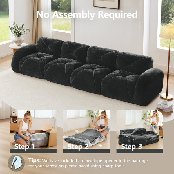 English Elm 140''soft Velvet Modular Cloud Sofa Tufted Plush Seating for Living Room or Home Theater Black W714S01629