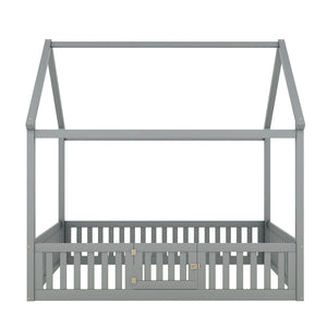 English Elm Full Size Pine House Bed with Pitched Roof Fence and Door for Kids Playroom WF531502AAE