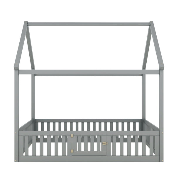English Elm Full Size Pine House Bed with Pitched Roof Fence and Door for Kids Playroom WF531502AAE