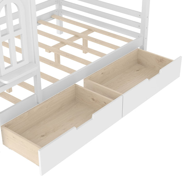 English Elm Full House Solid Wood Platform Bed with Window Roof, Under-Bed Drawers & Shelves for Kids' Rooms Light White W1580S00267