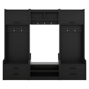 English Elm 4-in-1 Hall Tree with Bench, 7 Hooks, 2 Cabinets & 4 Drawers for Entryway Storage and Seating Black W1580S00089