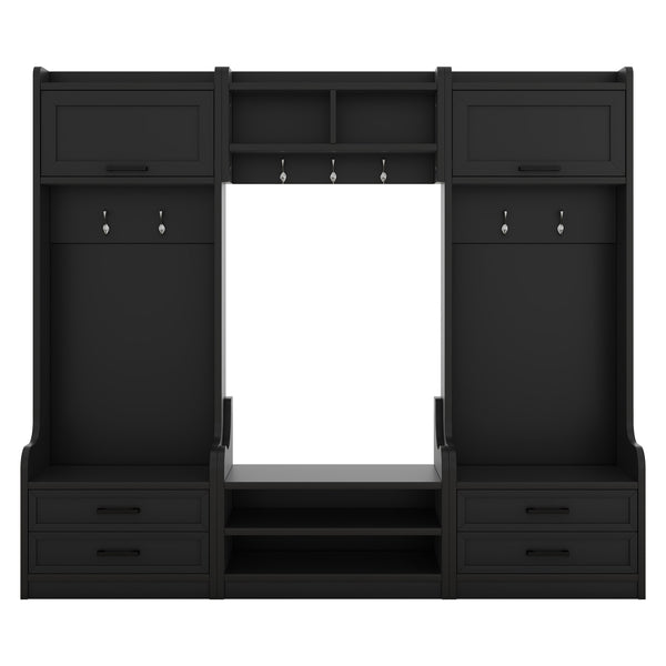 English Elm 4-in-1 Hall Tree with Bench, 7 Hooks, 2 Cabinets & 4 Drawers for Entryway Storage and Seating Black W1580S00089
