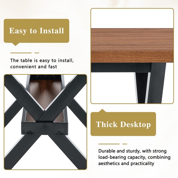 English Elm 71 Inch Industrial Dining Table Walnut Mdf Top Seats 8 with X Frame Steel Base Walnut+Black W1151P434794