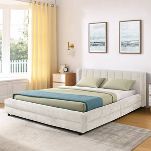 English Elm Queen Chenille Upholstered Storage Bed Wingback Headboard Platform Frame Bedroom Beige W487S00417