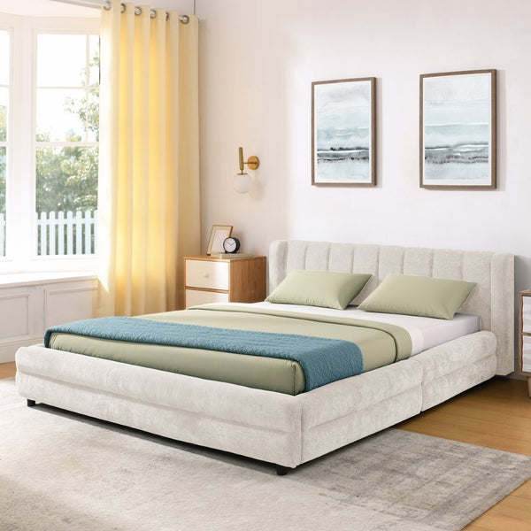 English Elm Queen Chenille Upholstered Storage Bed Wingback Headboard Platform Frame Bedroom Beige W487S00417
