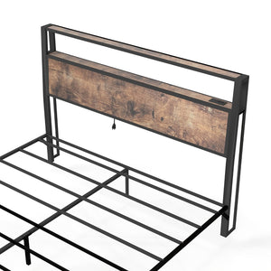 English Elm Queen Metal Platform Bed with Rgb Led Headboard Charging Station and Underbed Storage Brown T3963P483788