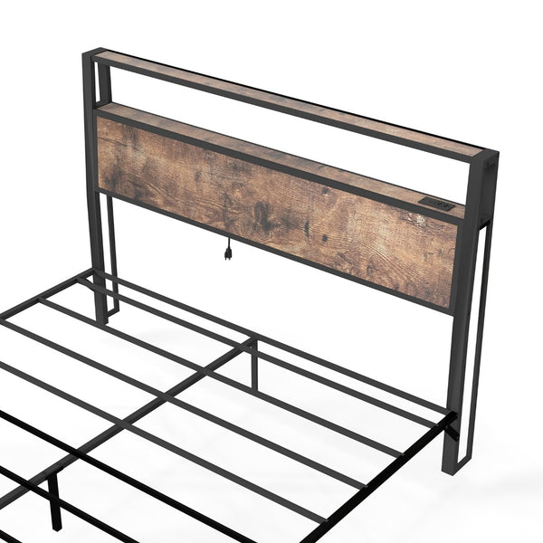English Elm Queen Metal Platform Bed with Rgb Led Headboard Charging Station and Underbed Storage Brown T3963P483788