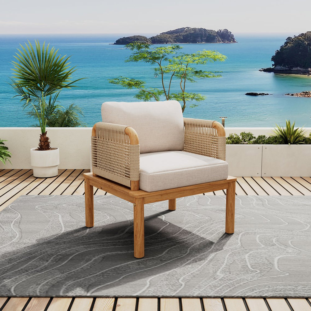English Elm Christopher Knight Home® - Outdoor Acacia Wood Club Chair With Handwoven Rope, Water-Repellent Cushions For Ultimate Comfort N757P242994B