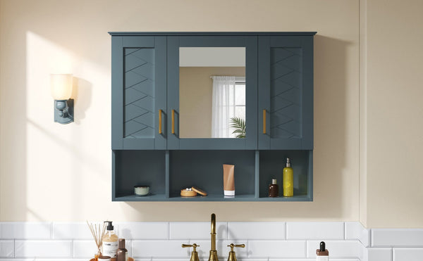 English Elm 35 Inch Wall Mount Medicine Cabinet Soft Close Mirror Storage for Modern Bathroom Blue N710P389453C