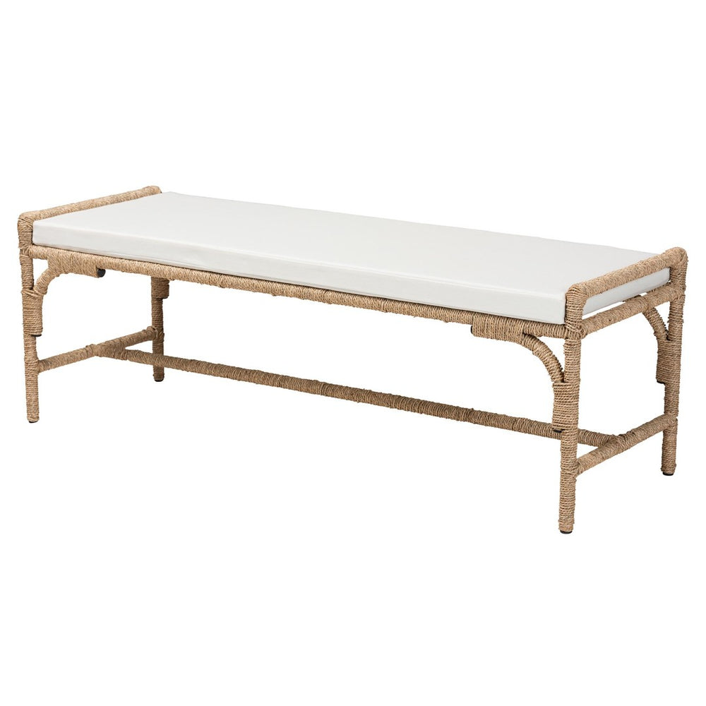 English Elm Modern Rattan Woven Bench with Geometric Artisan Detail for Bohemian Living Spaces B2750P467705