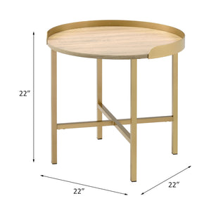 English Elm Mithea Oak Top End Table with Gold Metal Base — Round Tray Design, 0.75" Thick MDF, Stylish Accent B2726P270972