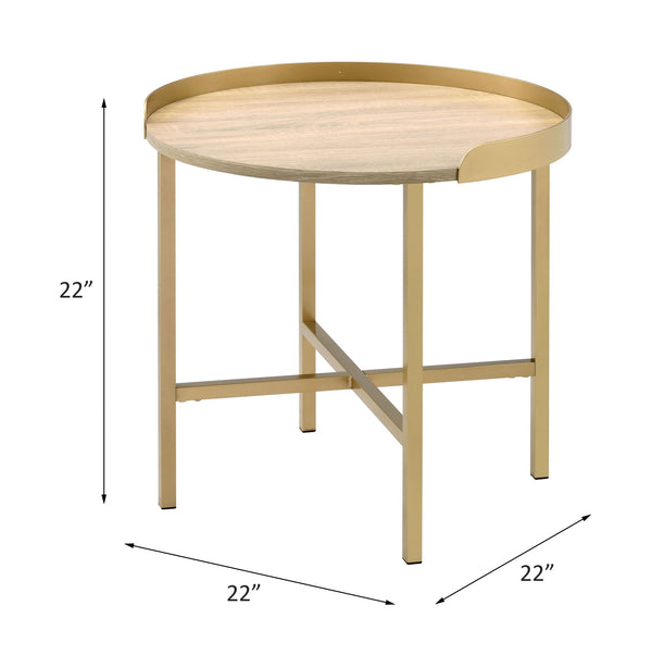 English Elm Mithea Oak Top End Table with Gold Metal Base — Round Tray Design, 0.75" Thick MDF, Stylish Accent B2726P270972
