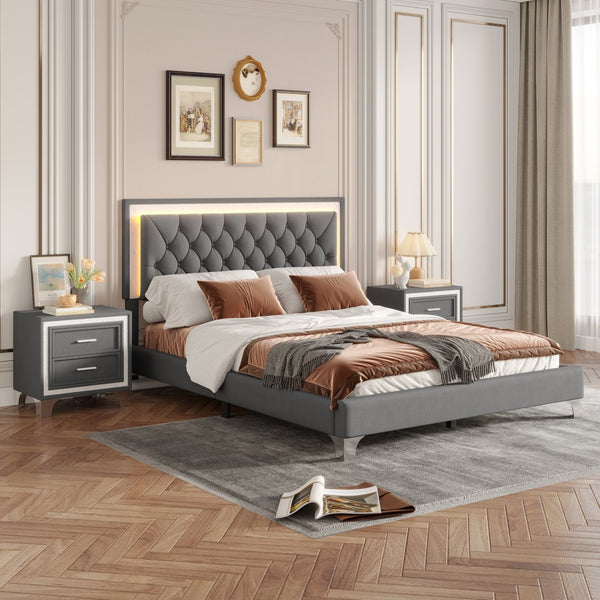 English Elm 3-Pieces Tufted Upholstered Platform Bed with Romantic LED Headboard and Two Storage Nightstands Gray 63.98 L x 23.23 W x 5.91 H N733S183659E