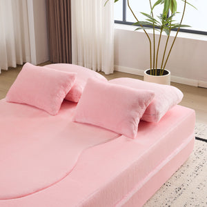 English Elm Queen Foldable Sofa Bed with Plush Chenille Cover, High-Density Foam Convertible Futon for Living Room Guest Room Bedroom Pink W1829P348205