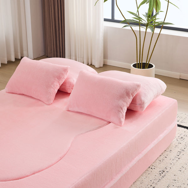 English Elm Queen Foldable Sofa Bed with Plush Chenille Cover, High-Density Foam Convertible Futon for Living Room Guest Room Bedroom Pink W1829P348205