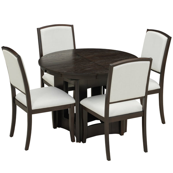 English Elm TOPMAX Solid Wood Extendable Round Dining Set for Small Spaces with 16" Removable Leaf and Cushioned Chairs Beige,Espresso SP000091AAP