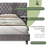 Christopher Knight Home® - Noble House - - King Size Platform Bed With Headboard, Modern Velvet Upholstered Platform Bed With 2 Nightstands, With Diamond Tufted, Grey